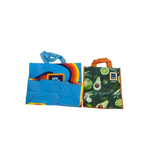 Aldi Reusable Shopping Bag Tote Lot 2 Rainbow Stripe Avocado With Handles - Picture 2 of 4